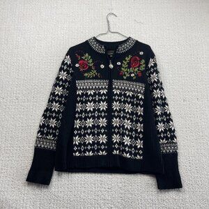 Icelandic Design Sweater Womens L Black Floral Nordic Boho Fair isle Full Zip